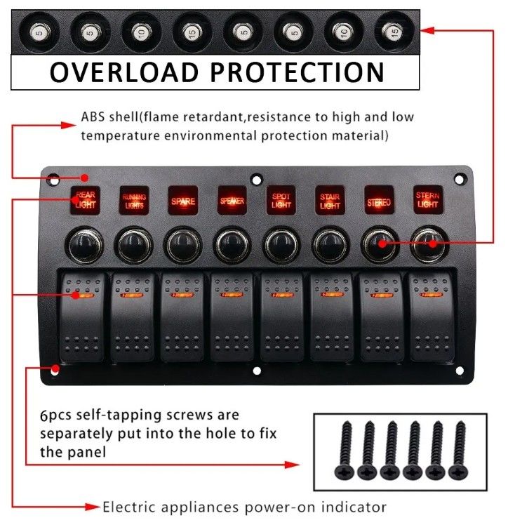 On Off Aluminium Rocker Switch Panel Waterproof 8 Gang 3 Pin Breaker Circuit Protection
