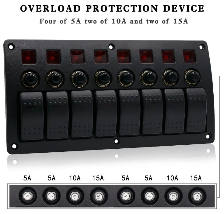 On Off Aluminium Rocker Switch Panel Waterproof 8 Gang 3 Pin Breaker Circuit Protection