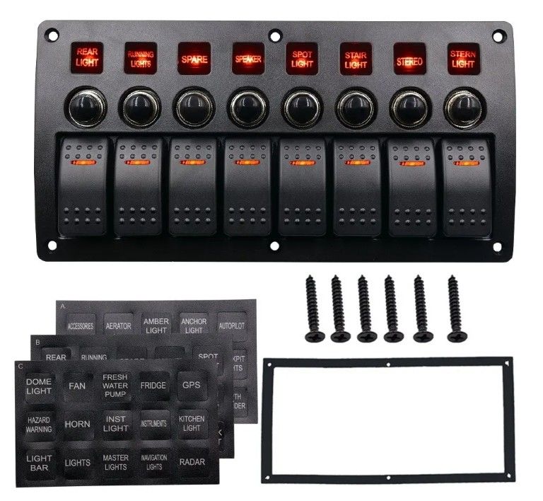 On Off Aluminium Rocker Switch Panel Waterproof 8 Gang 3 Pin Breaker Circuit Protection