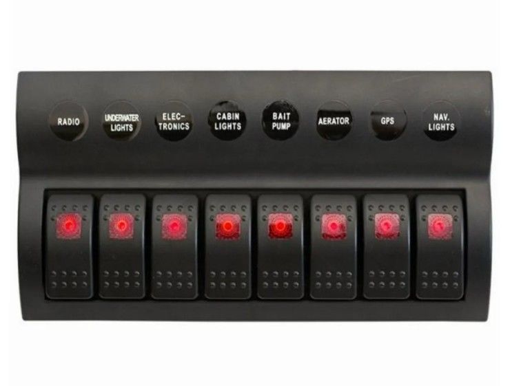 Đội thủy thủ thuyền SPLASHPROOF Switch Panel 8 GANG với LED chỉ báo ROCKER AUTO FUSES