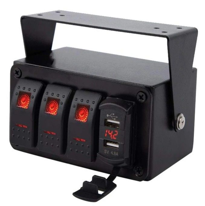 DC12V 24V 3 Gang Đỏ LED Light Rocker Switch Panel Box Với Bộ sạc USB kép 4.8A Voltmeter cho xe ô tô Hải quân xe tải Tàu thuyền