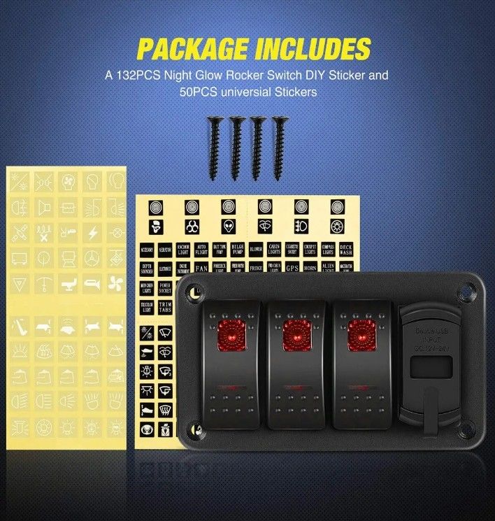 DC12V 24V 3 Gang Đỏ LED Light Rocker Switch Panel Box Với Bộ sạc USB kép 4.8A Voltmeter cho xe ô tô Hải quân xe tải Tàu thuyền