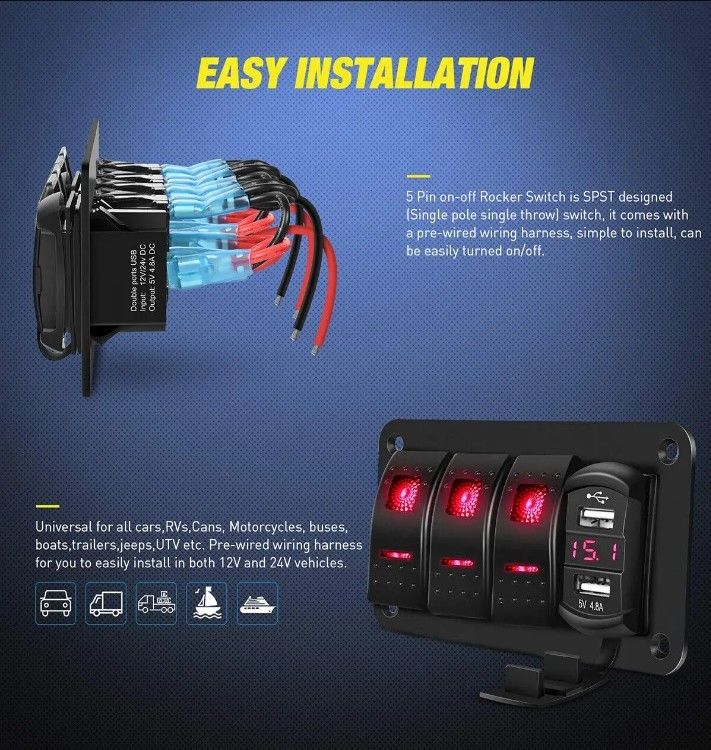 DC12V 24V 3 Gang Đỏ LED Light Rocker Switch Panel Box Với Bộ sạc USB kép 4.8A Voltmeter cho xe ô tô Hải quân xe tải Tàu thuyền