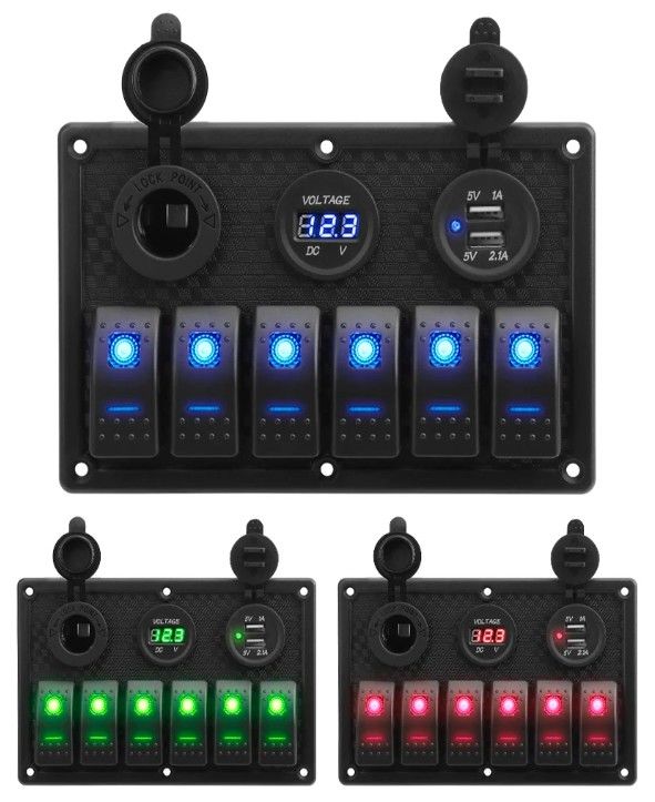 Đường viền chuyển mạch tàu biển chống thấm nước 6 Gang Với ổ cắm USB kép 3.1A Volt Meter Ánh sáng LED xanh