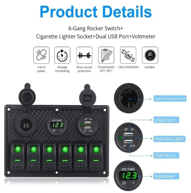 Đường viền chuyển mạch tàu biển chống thấm nước 6 Gang Với ổ cắm USB kép 3.1A Volt Meter Ánh sáng LED xanh