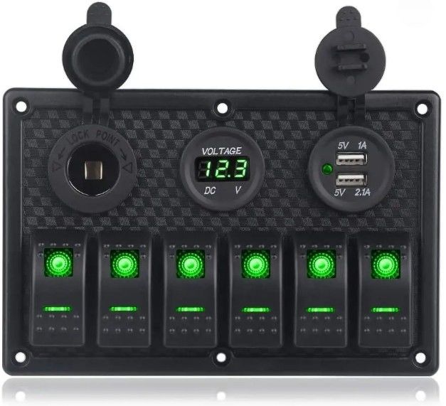 Đường viền chuyển mạch tàu biển chống thấm nước 6 Gang Với ổ cắm USB kép 3.1A Volt Meter Ánh sáng LED xanh