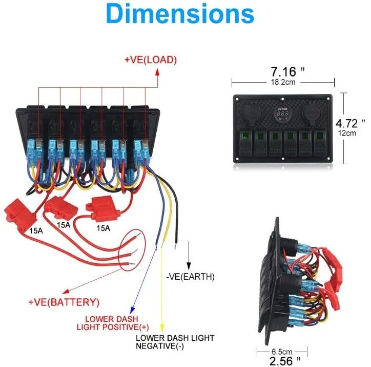 Đường viền chuyển mạch tàu biển chống thấm nước 6 Gang Với ổ cắm USB kép 3.1A Volt Meter Ánh sáng LED xanh