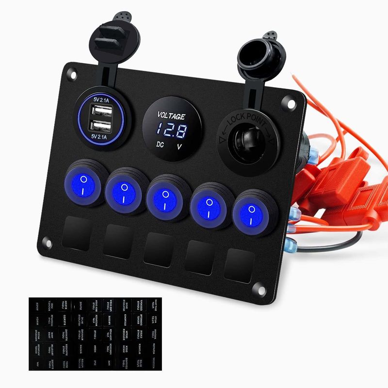 5 băng nhóm chống nước Rocker Switch Panel với ổ cắm USB kép với đèn LED màu xanh
