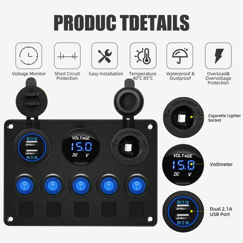 5 băng nhóm chống nước Rocker Switch Panel với ổ cắm USB kép với đèn LED màu xanh