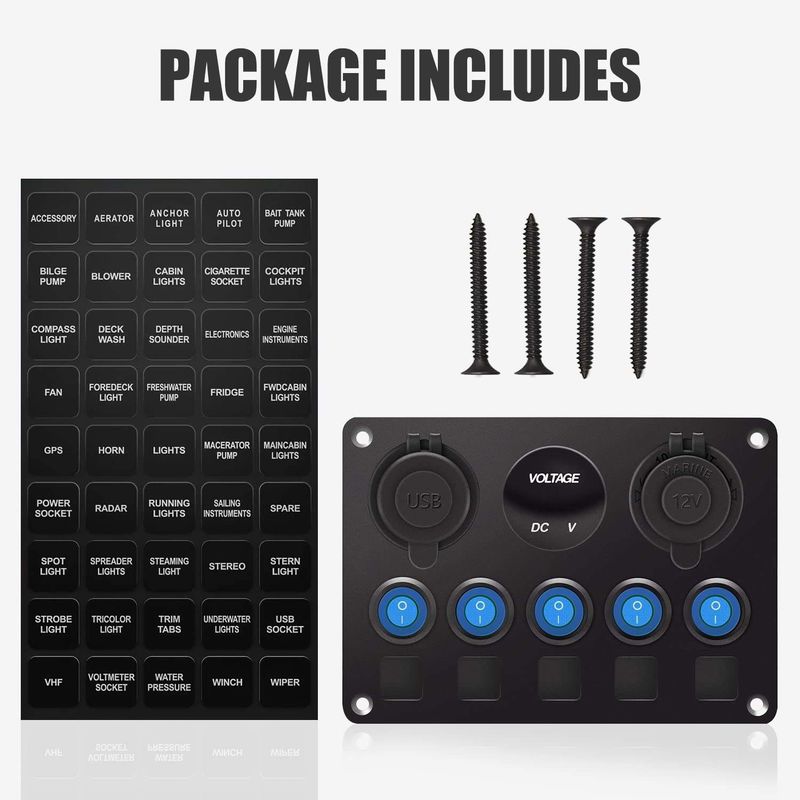 5 băng nhóm chống nước Rocker Switch Panel với ổ cắm USB kép với đèn LED màu xanh