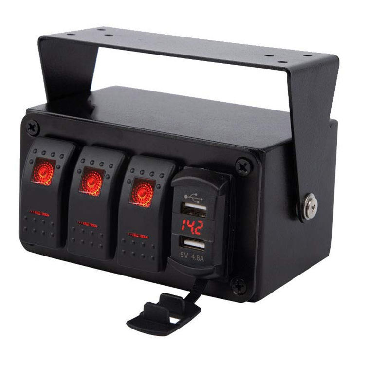 DC12V 24V 3 Gang Đèn Đỏ LED Rocker Switch Panel Box Với Bộ sạc USB 4.8A