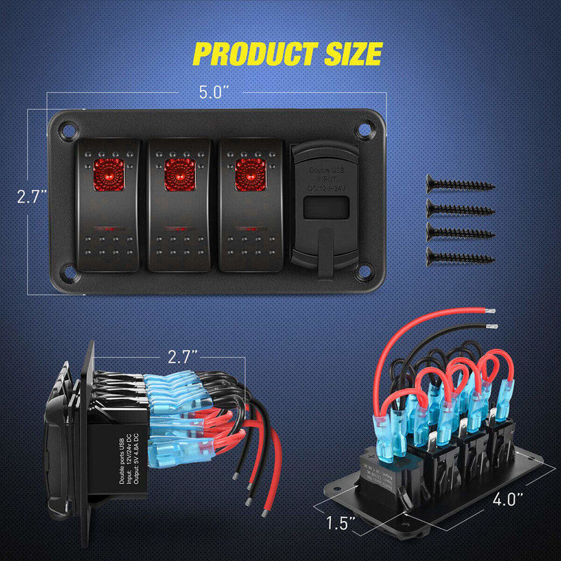 DC12V 24V 3 Gang Đèn Đỏ LED Rocker Switch Panel Box Với Bộ sạc USB 4.8A