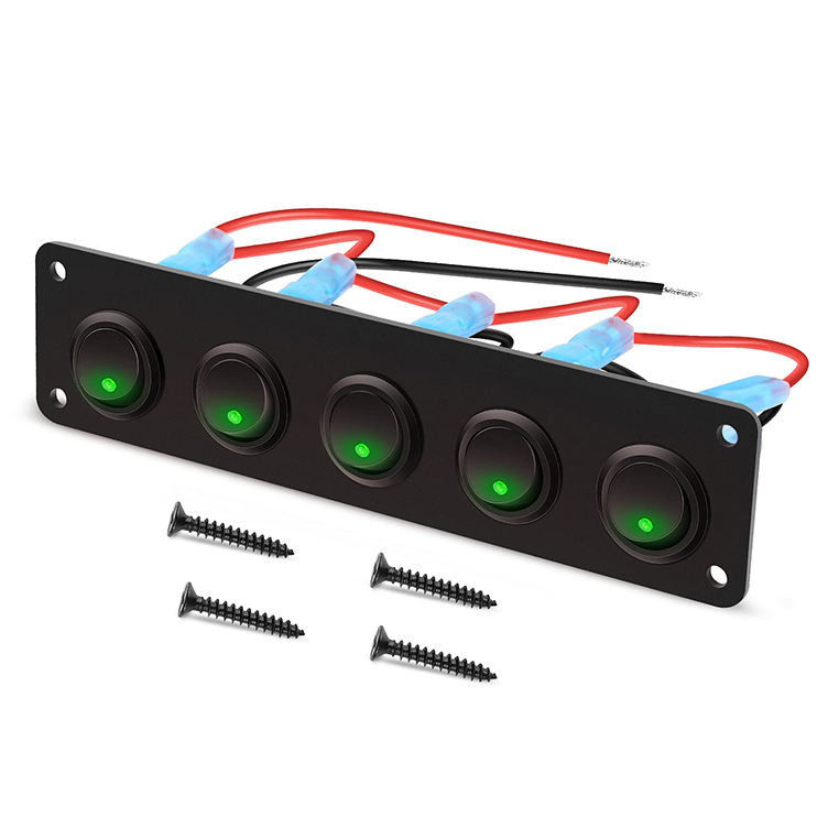 5 Gang Rocker Switch Panel 20A 3 Pin On Off 12V Green Toggle Switch Cho xe ô tô xe tải thuyền