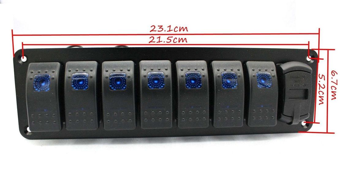DC 12V 7 Gang Rocker Switch Panel Với 4.8 Amp Dual USB Charger LED