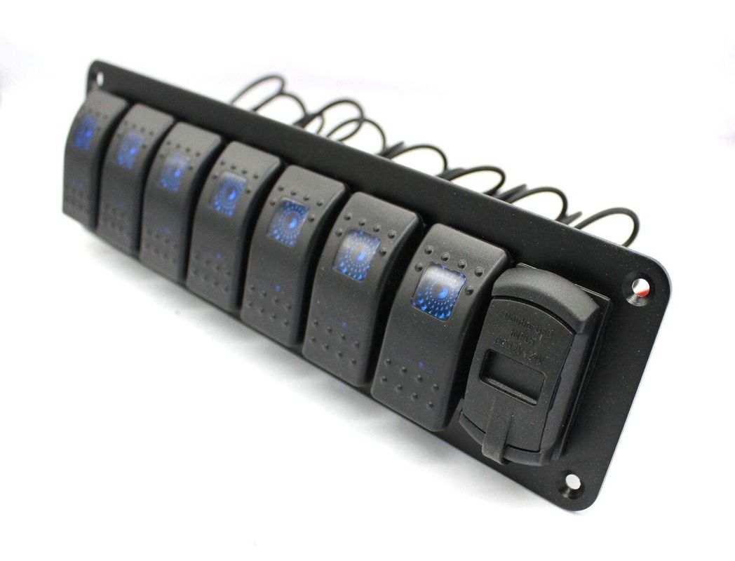 DC 12V 7 Gang Rocker Switch Panel Với 4.8 Amp Dual USB Charger LED
